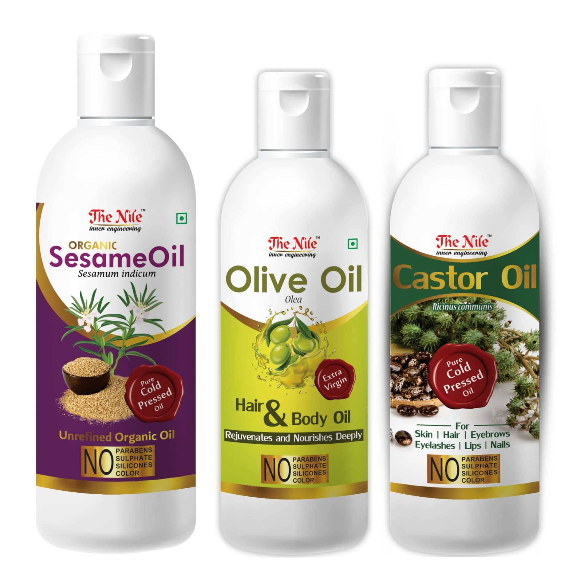 The Nile Sesame Oil 150 ML + Olive Oil 100 Ml + Castor Oil 100 Ml 350 mL Pack of 3