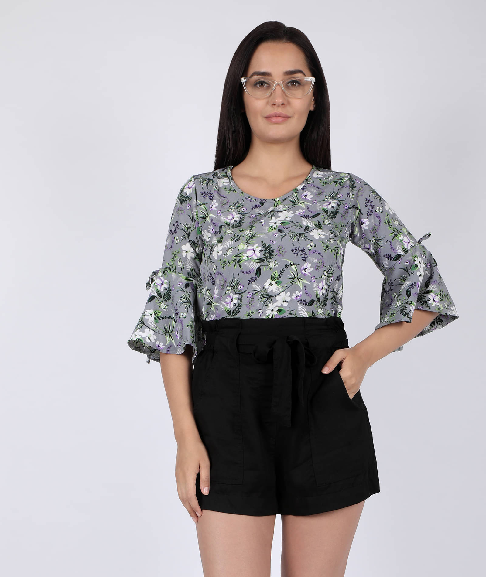     			Chimpaaanzee Women's Crepe Knot Front Top ( Grey )