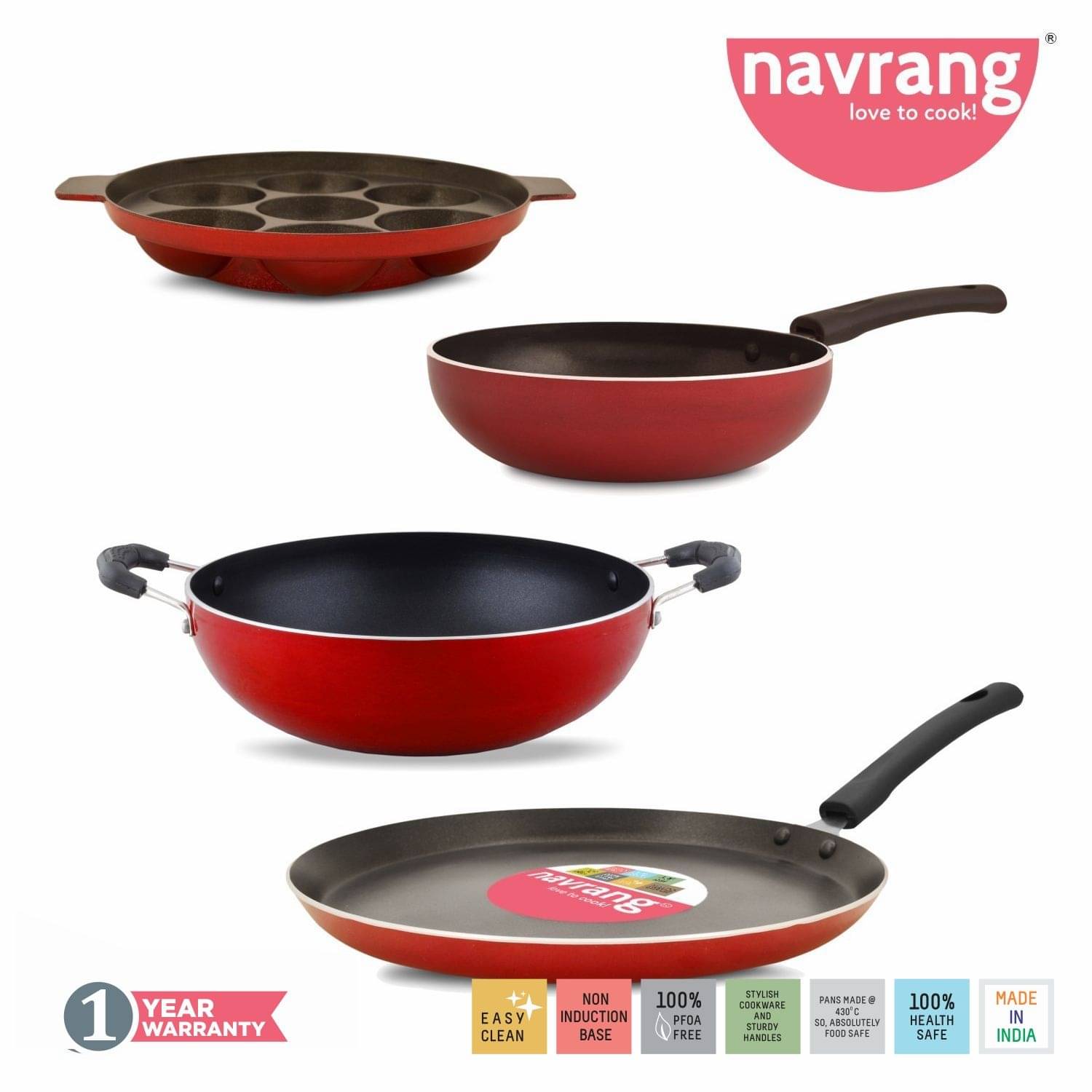     			Navrang Nonstick Aluminum 4pc Cookware Set ,Tawa 26cm + Kadai 23cm + Fry Pan 20cm + Appakara 7 Kulies without Handle, Red