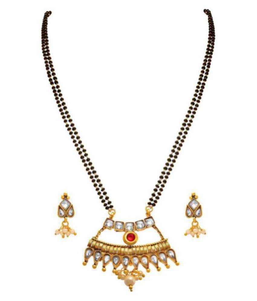 JFL - Jewellery for Less One Gram Gold Plated Pink Stone & Diamond Designer Mangalsutra With Black Beaded Chain For Women JFL - Jewellery for Less One Gram Gold Plated Pink Stone & Diamond Designer Mangalsutra With Black Beaded Chain For Women