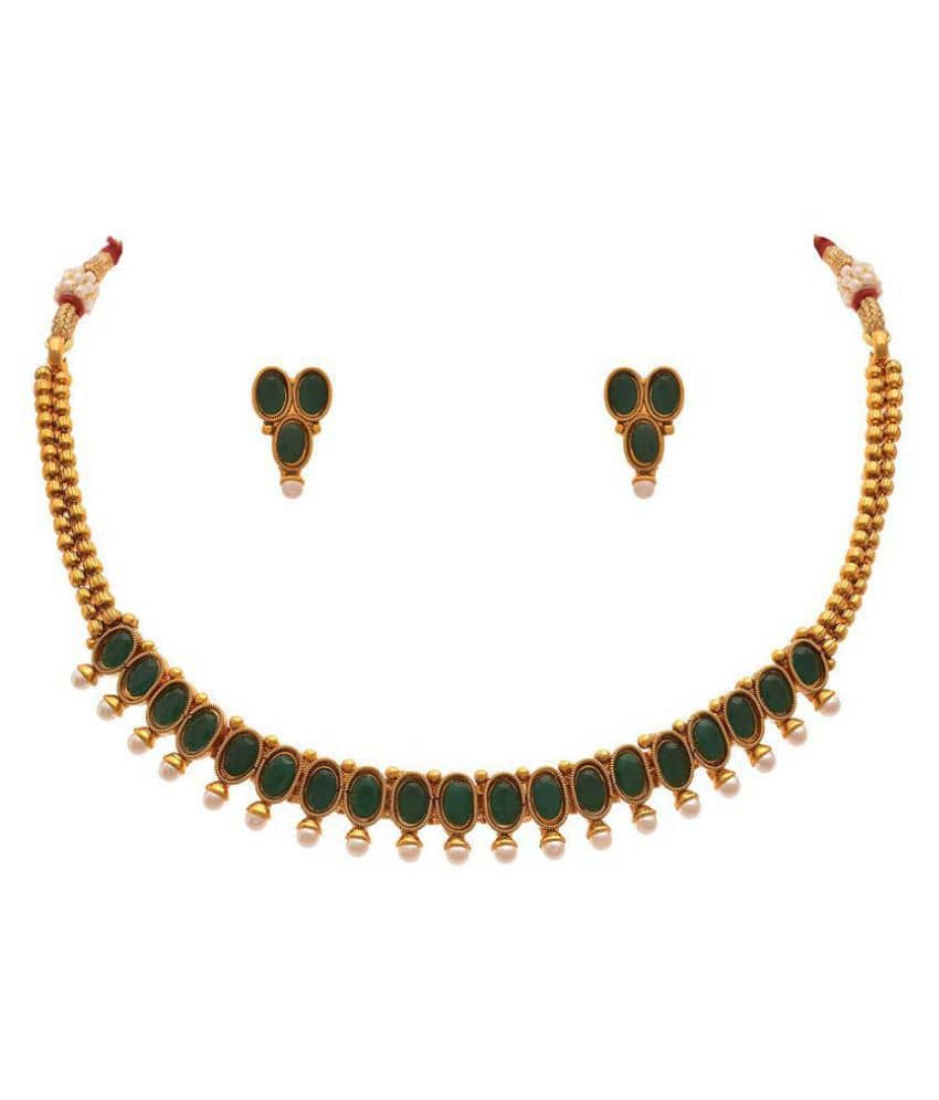 JFL - Jewellery For Less Copper Green Choker Traditional 22kt Gold Plated Necklaces Set