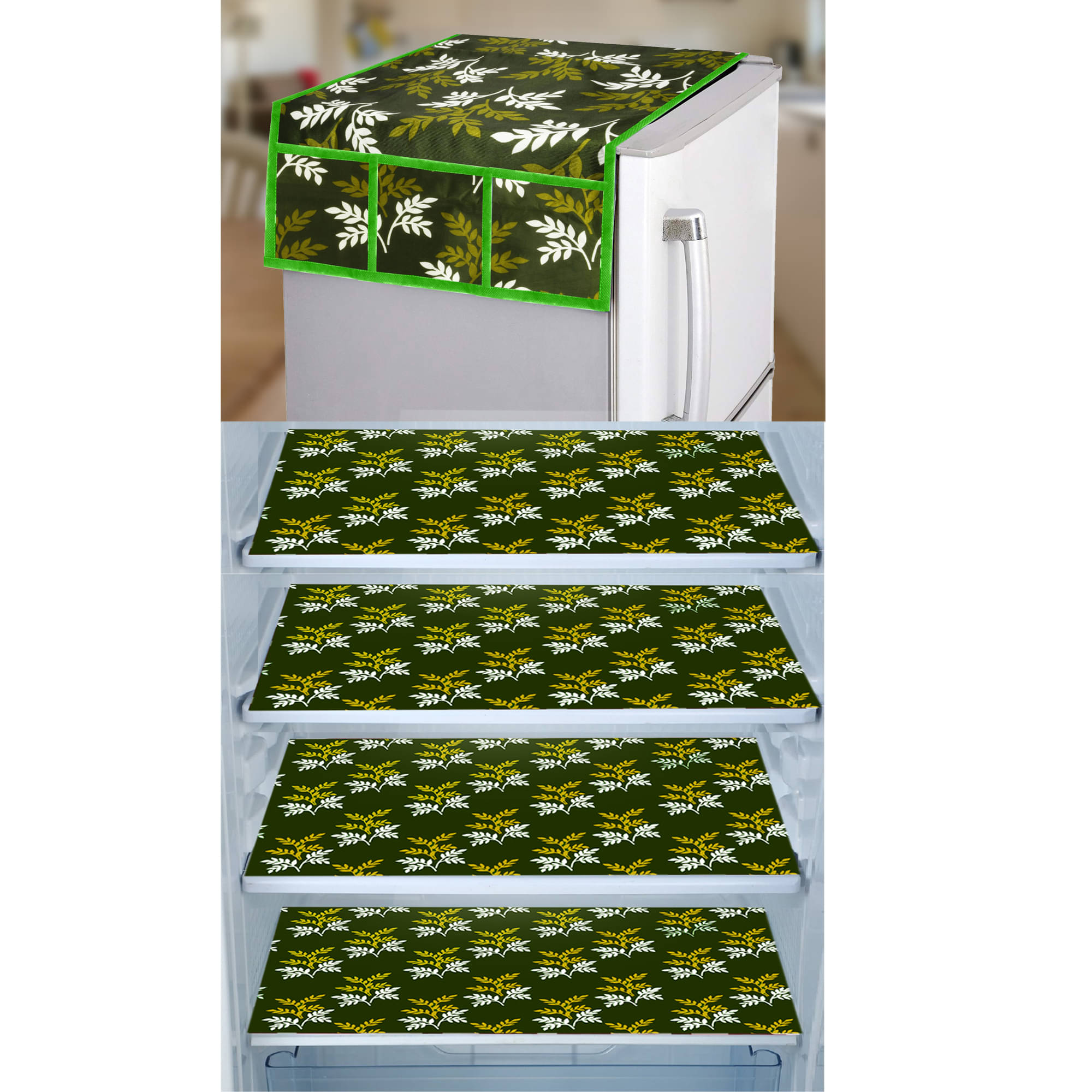 E-Retailer Set of 5 Polyester Green Fridge Top Cover E-Retailer Set of 5 Polyester Green Fridge Top Cover