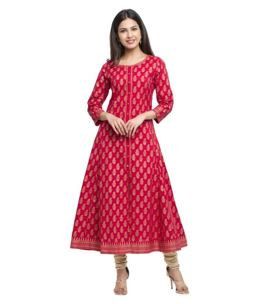     			Yash Gallery Pack of 1 Cotton Printed Flared Women's Kurti - ( Pink )