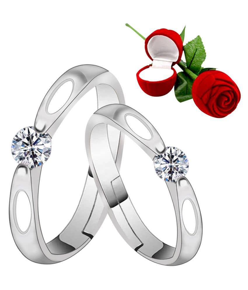 Silver Shine Silver Plated Adjustable Couple Ring with 1 Piece Red Rose Gift Box for Men and Women