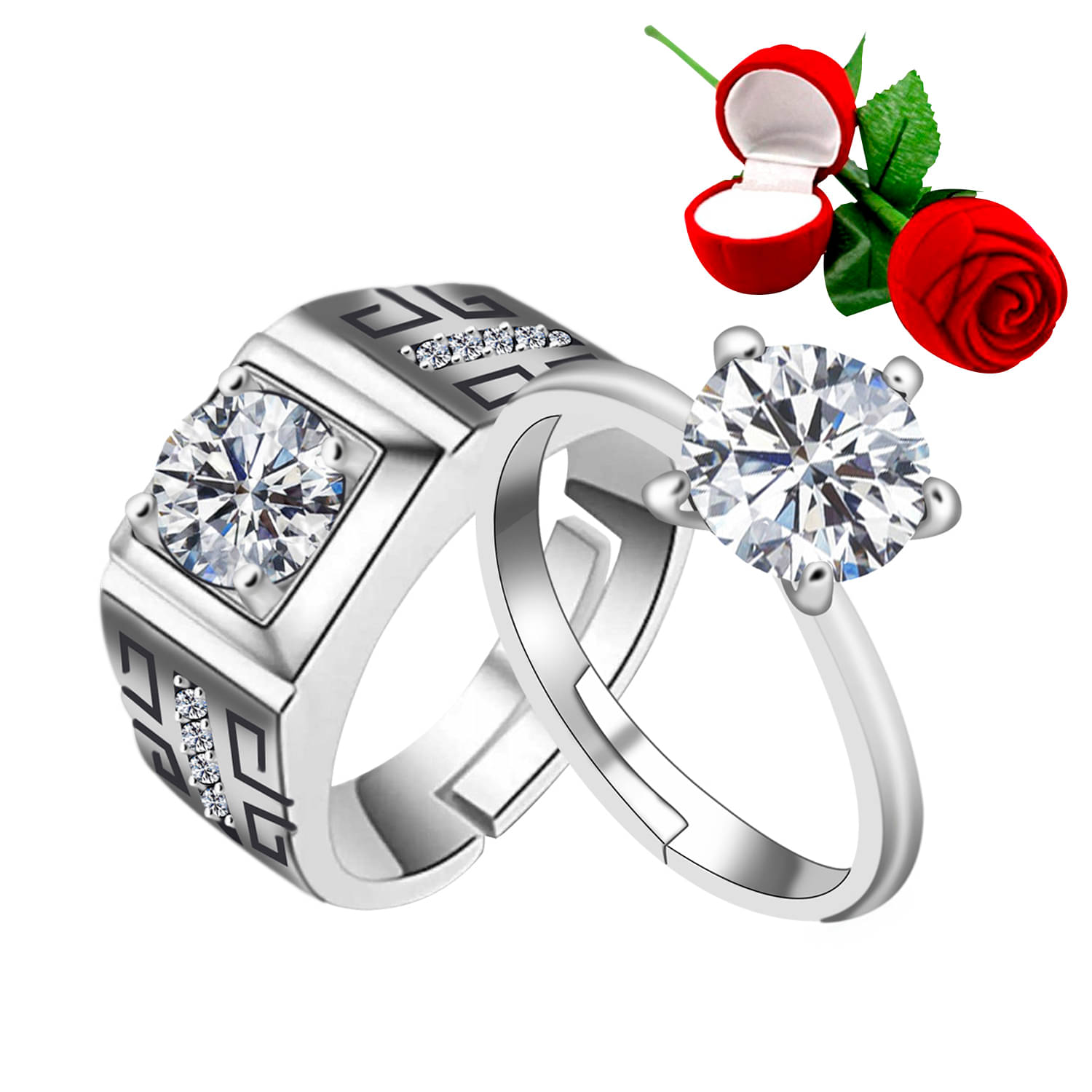 Silver Shine Silver Plated Adjustable Couple Ring with 1 Piece Red Rose Gift Box for Men and Women     			Silver Shine Silver Plated Adjustable Couple Ring with 1 Piece Red Rose Gift Box for Men and Women