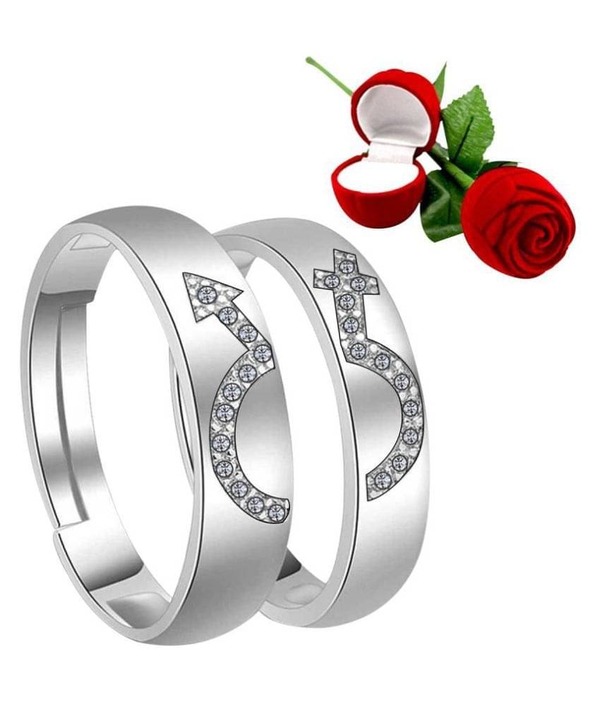     			Silver Shine Silver Plated Adjustable Couple Ring with 1 Piece Red Rose Gift Box  for Men and Women