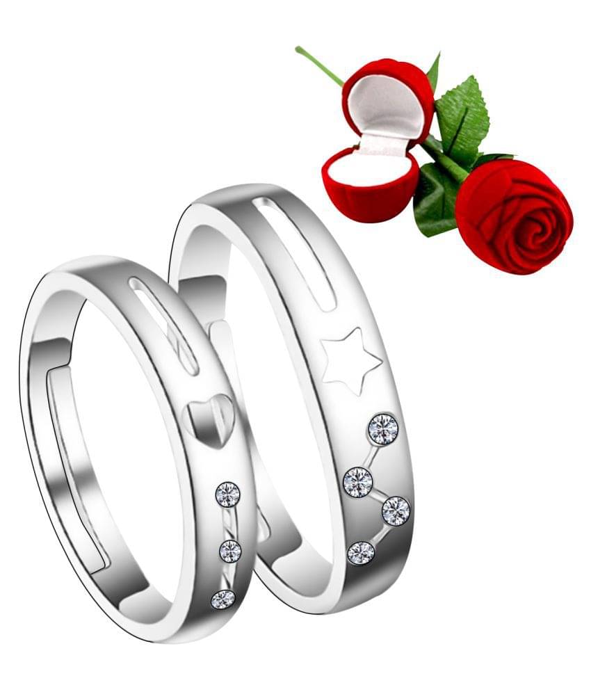 Silver Shine Silver Plated Adjustable Couple Ring with 1 Piece Red Rose Gift Box for Men and Women Silver Shine Silver Plated Adjustable Couple Ring with 1 Piece Red Rose Gift Box for Men and Women