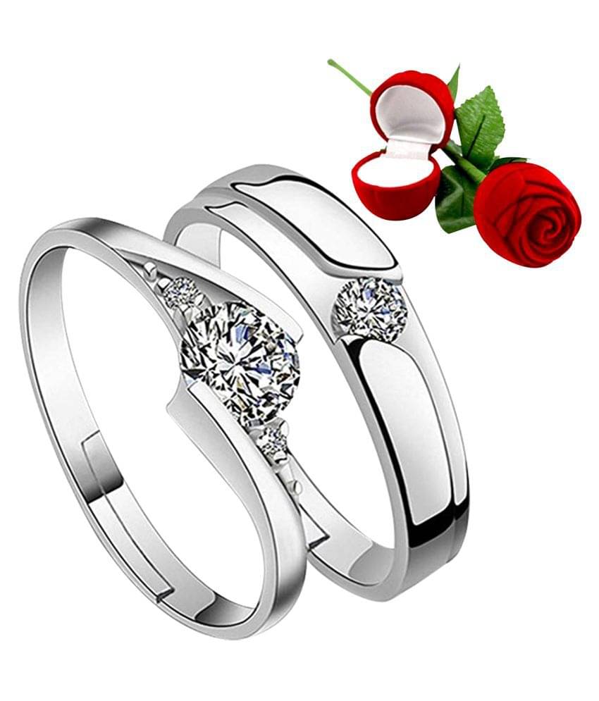 Silver Shine Silver Plated Adjustable Couple Ring with 1 Piece Red Rose Gift Box for Men and Women Silver Shine Silver Plated Adjustable Couple Ring with 1 Piece Red Rose Gift Box for Men and Women