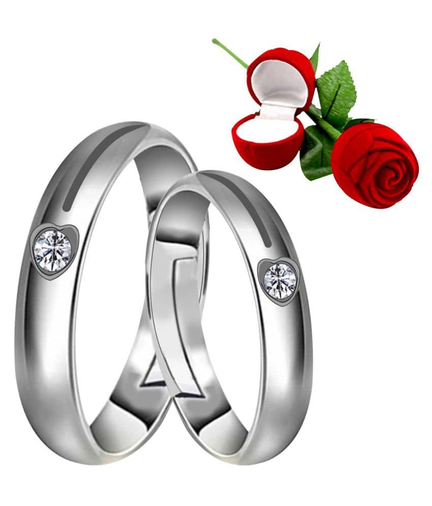 Silver Shine Silver Plated Adjustable Couple Ring with 1 Piece Red Rose Gift Box for Men and Women