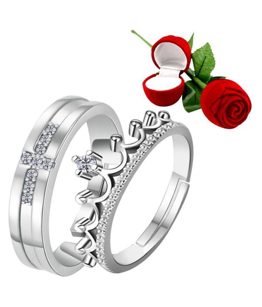     			Silver Shine Silver Plated Adjustable Couple Ring with 1 Piece Red Rose Gift Box for Men and Women