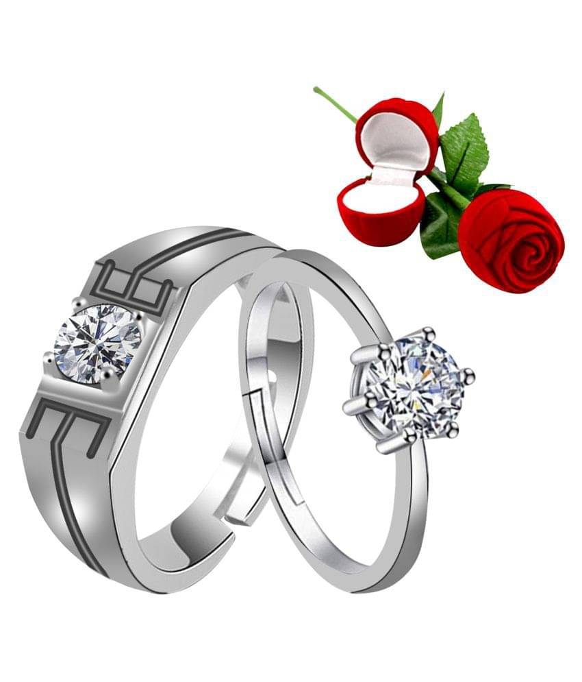     			Silver Shine Silver Plated Adjustable Couple Ring with 1 Piece Red Rose Gift Box for Men and Women