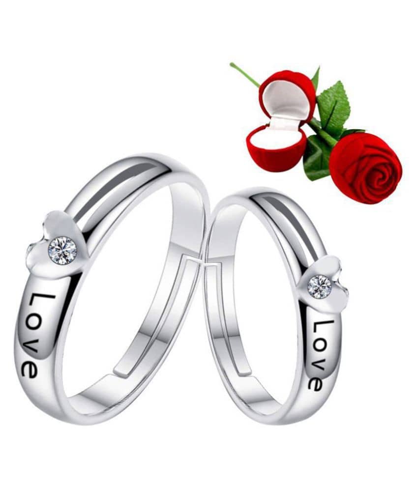 Silver Shine Silver Plated Adjustable Couple Ring with 1 Piece Red Rose Gift Box for Men and Women