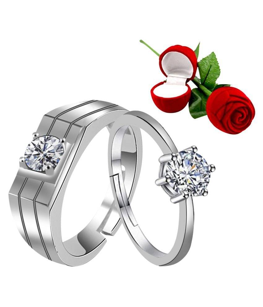     			Silver Shine Silver Plated Adjustable Couple Ring with 1 Piece Red Rose Gift Box  for Men and Women