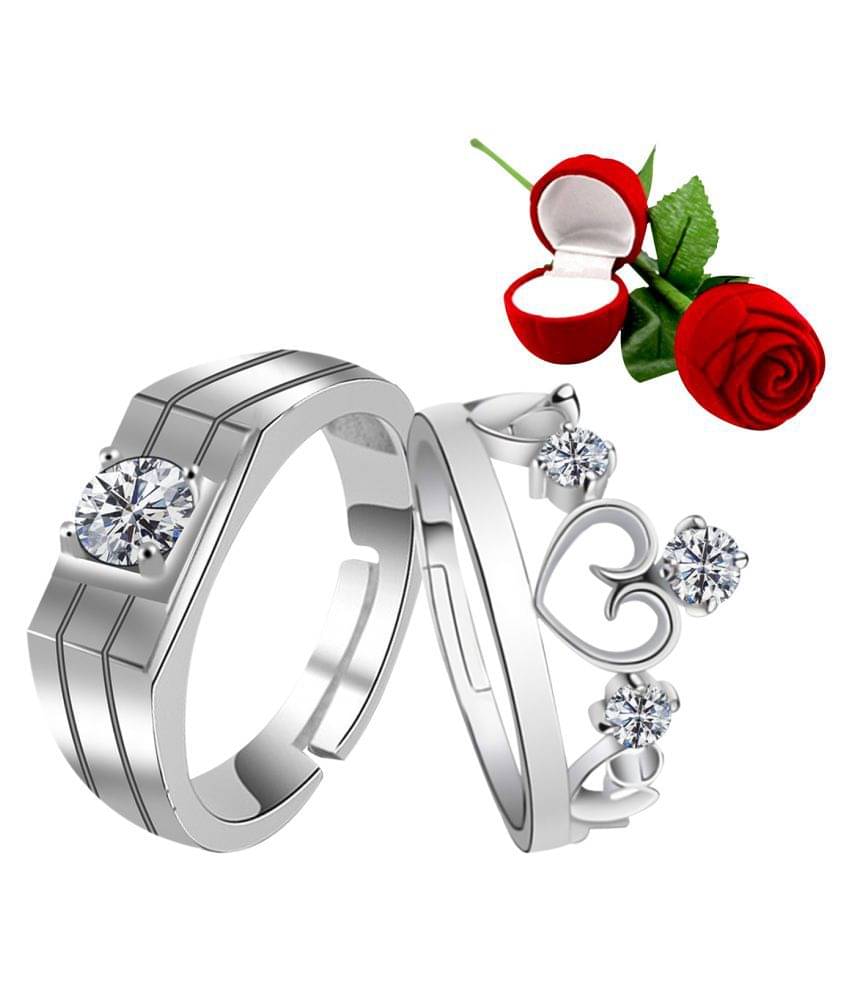     			Silver Shine Silver Plated Adjustable Couple Ring with 1 Piece Red Rose Gift Box  for Men and Women