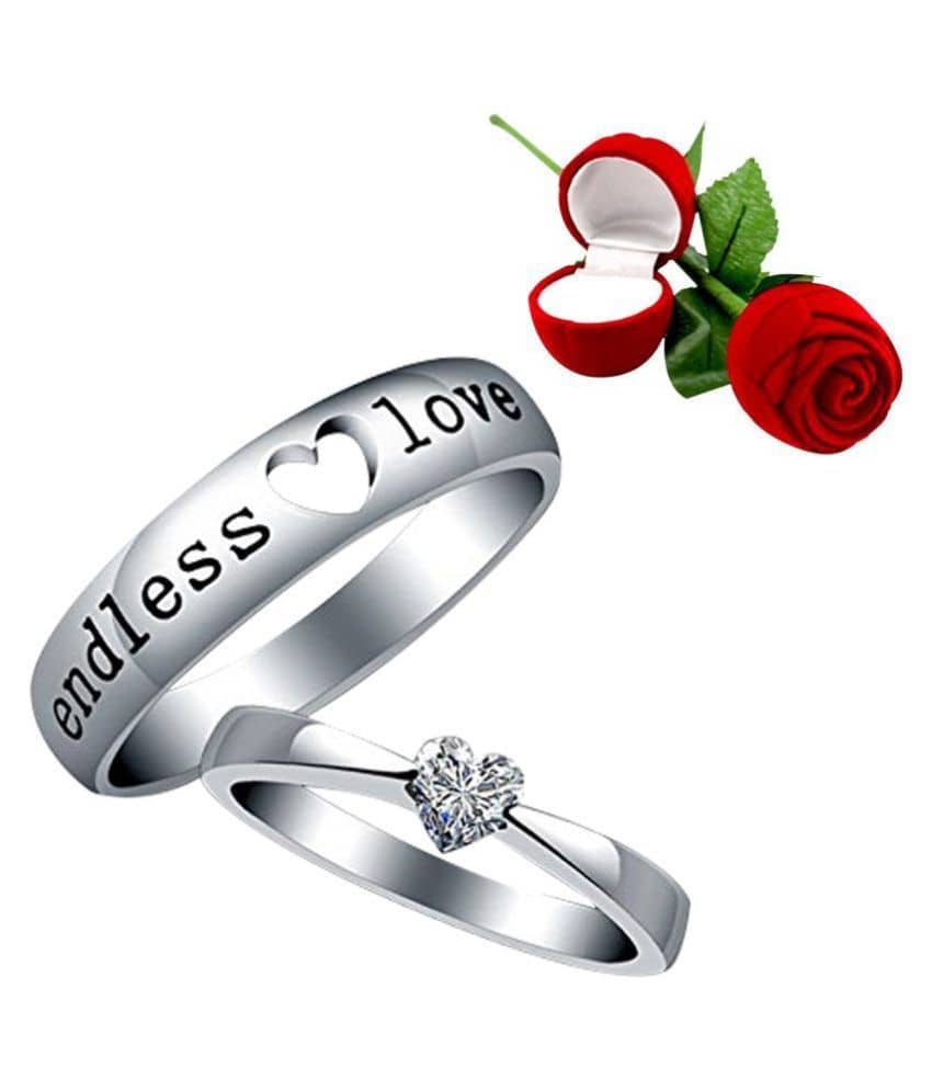 Silver Shine Silver Plated Solitaire 'Endless Love' Heart Adjustable Couple ring for Men and Women,Couple ring for Girls and Boys-2 pieces