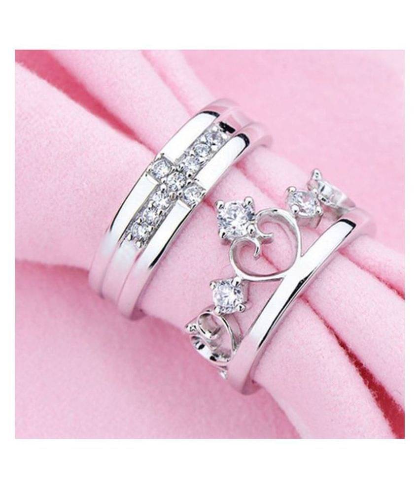     			Silver Shine Silver Plated Solitaire king and Queen Adjustable Couple ring with American diamond and crystal stones for Men and Women,Couple ring for Girls and Boys-2 pieces