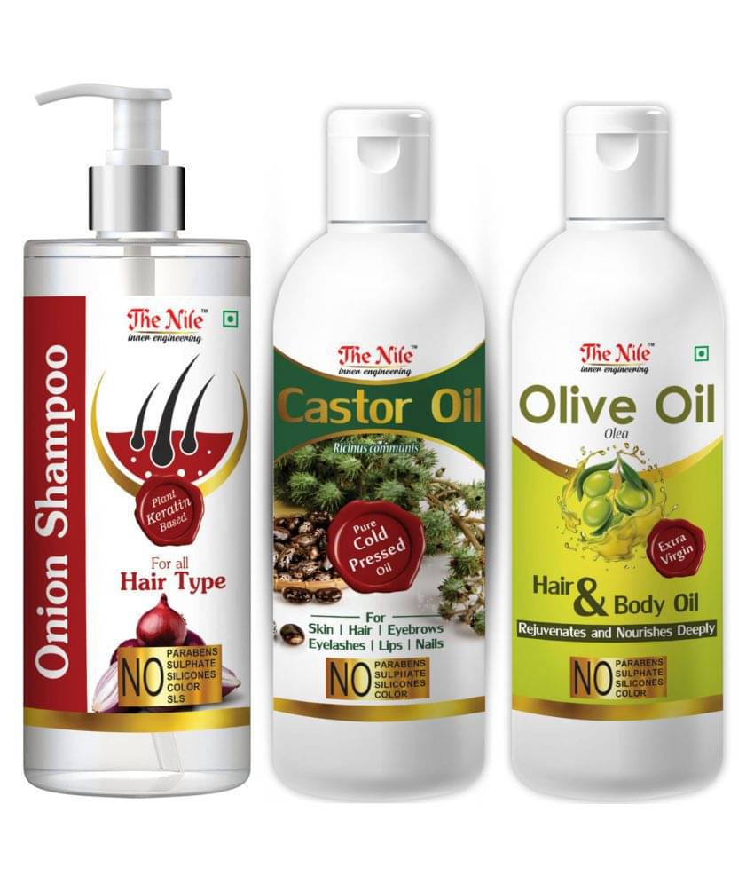 The Nile Red Onion Shampoo 200 ML + Castor 100 ML + Olive Oil 100 ML Shampoo 400 mL Pack of 3 The Nile Red Onion Shampoo 200 ML + Castor 100 ML + Olive Oil 100 ML Shampoo 400 mL Pack of 3