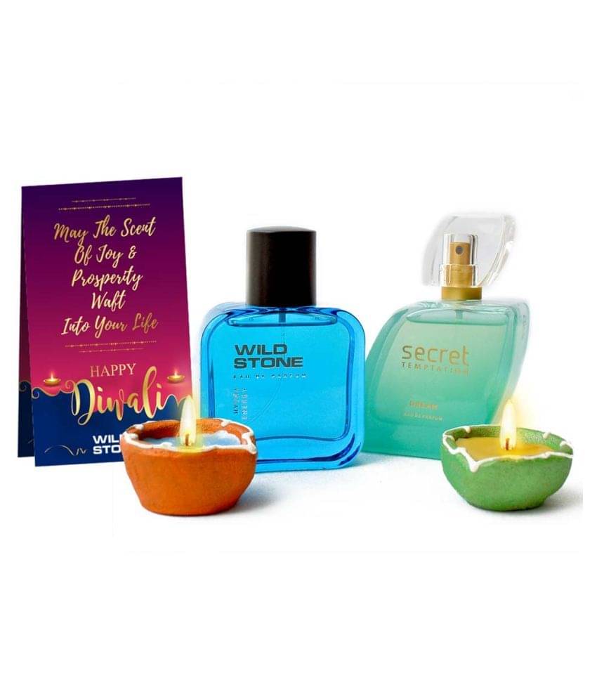     			Wild Stone Hydra Energy Perfume and Secret Temptation Dream Perfume (50ml each) Combo with 2 Diya Combo Set (Set of 4)