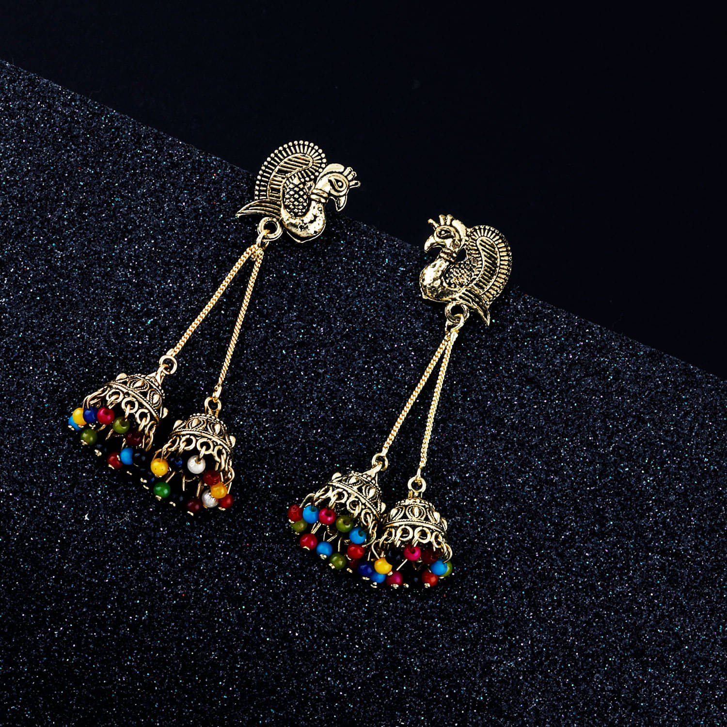     			Silver Shine Attractive Golden Peacock Tassel Jhumki Earrings for Women.