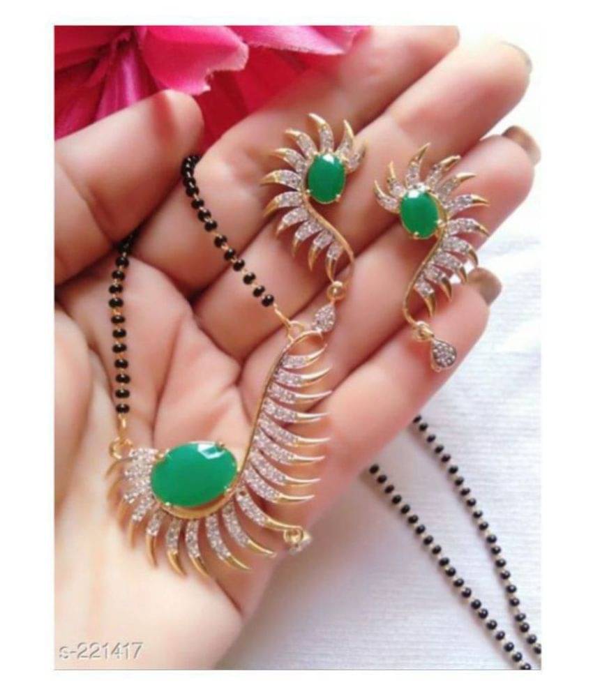 Sunhari jewels Green stone studded mangalsutra set with earring for womens     			Sunhari jewels Green stone studded mangalsutra set with earring for womens