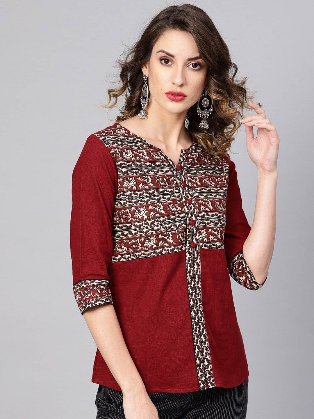     			Yash Gallery Women's Cotton Regular Top ( Maroon )