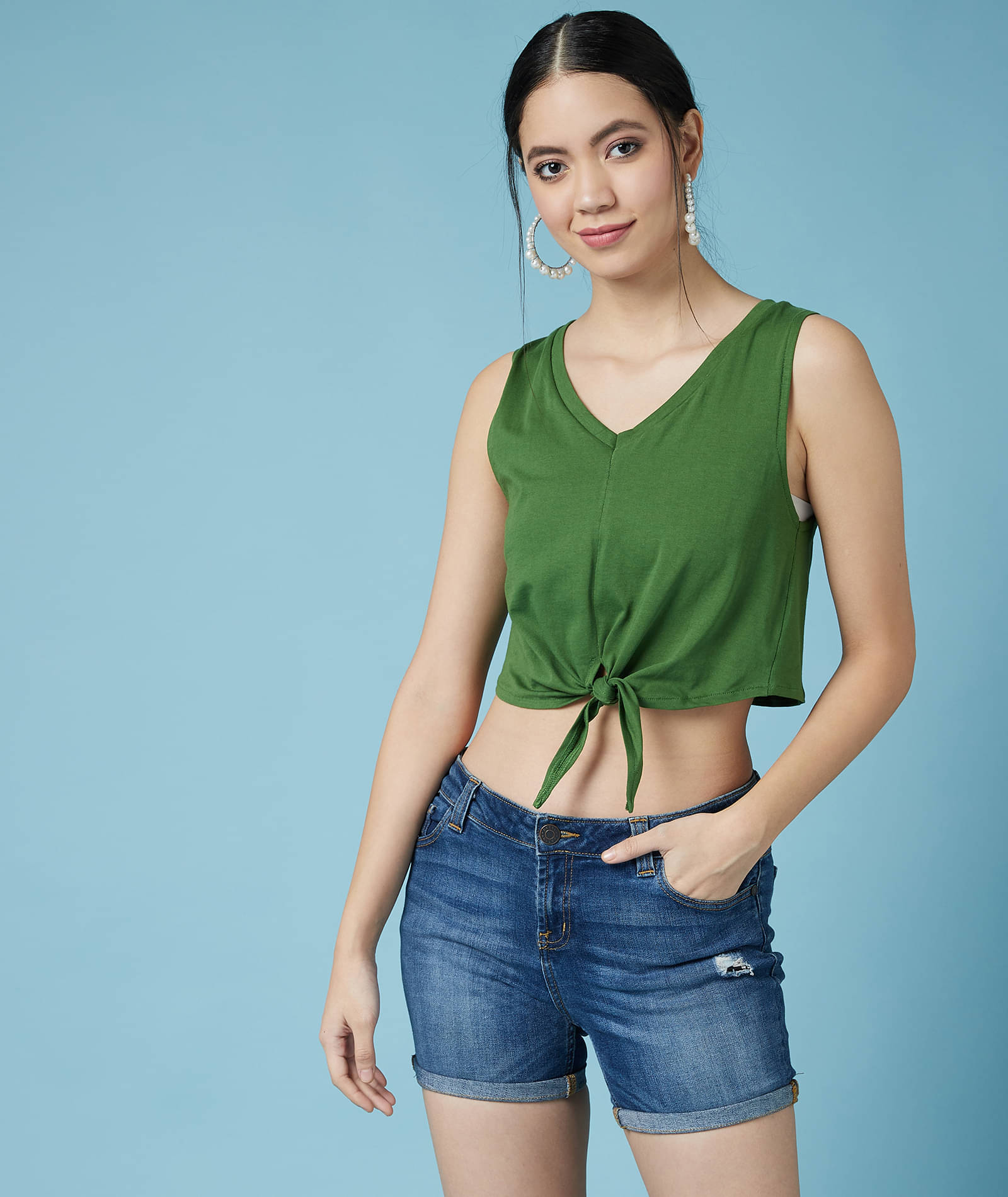     			Chimpaaanzee Women's Cotton Knot Front Top ( Green )