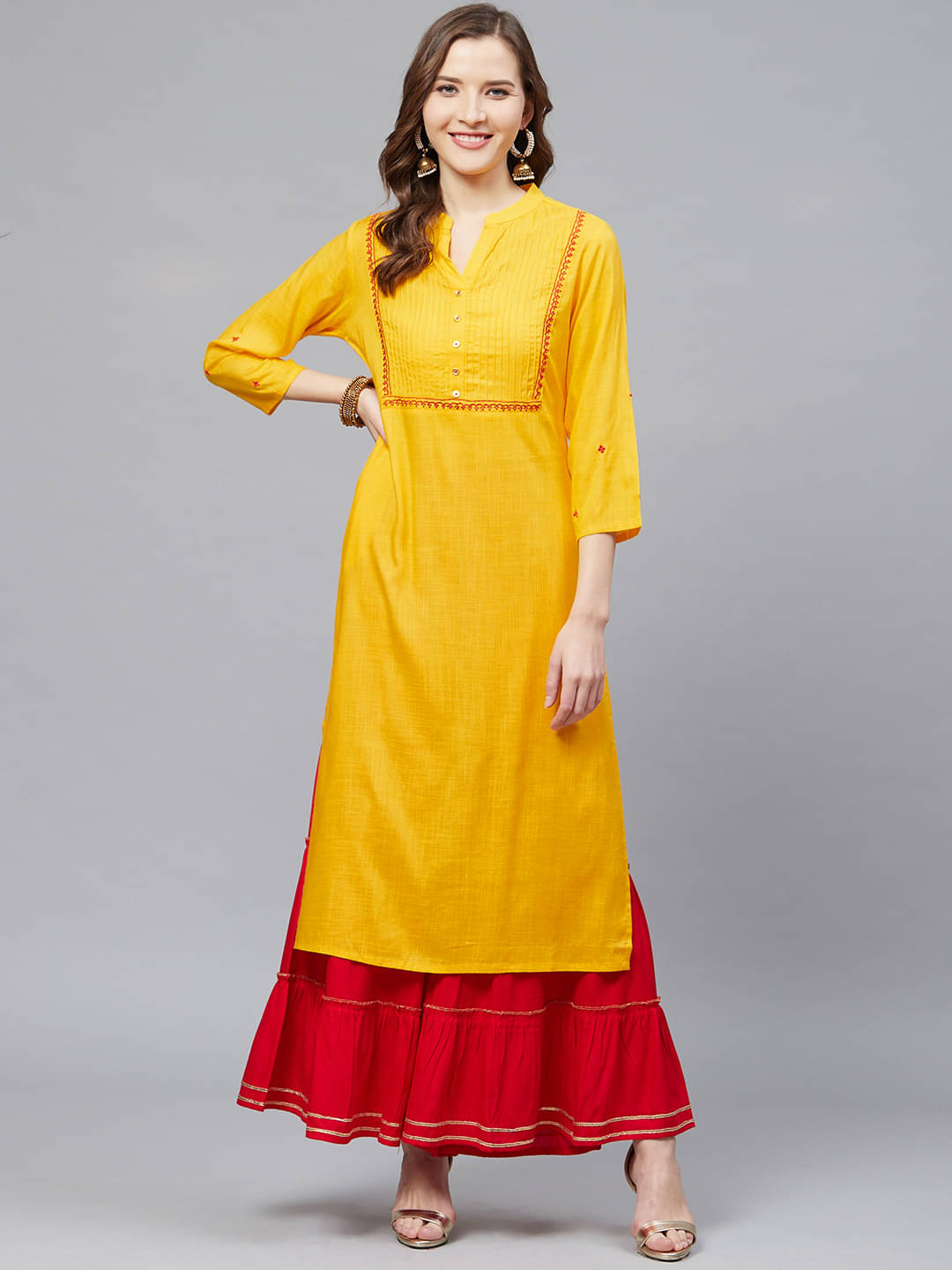     			Yash Gallery Rayon Kurti With Sharara And Gharara Women's Stitched Salwar Suit - Yellow ( )