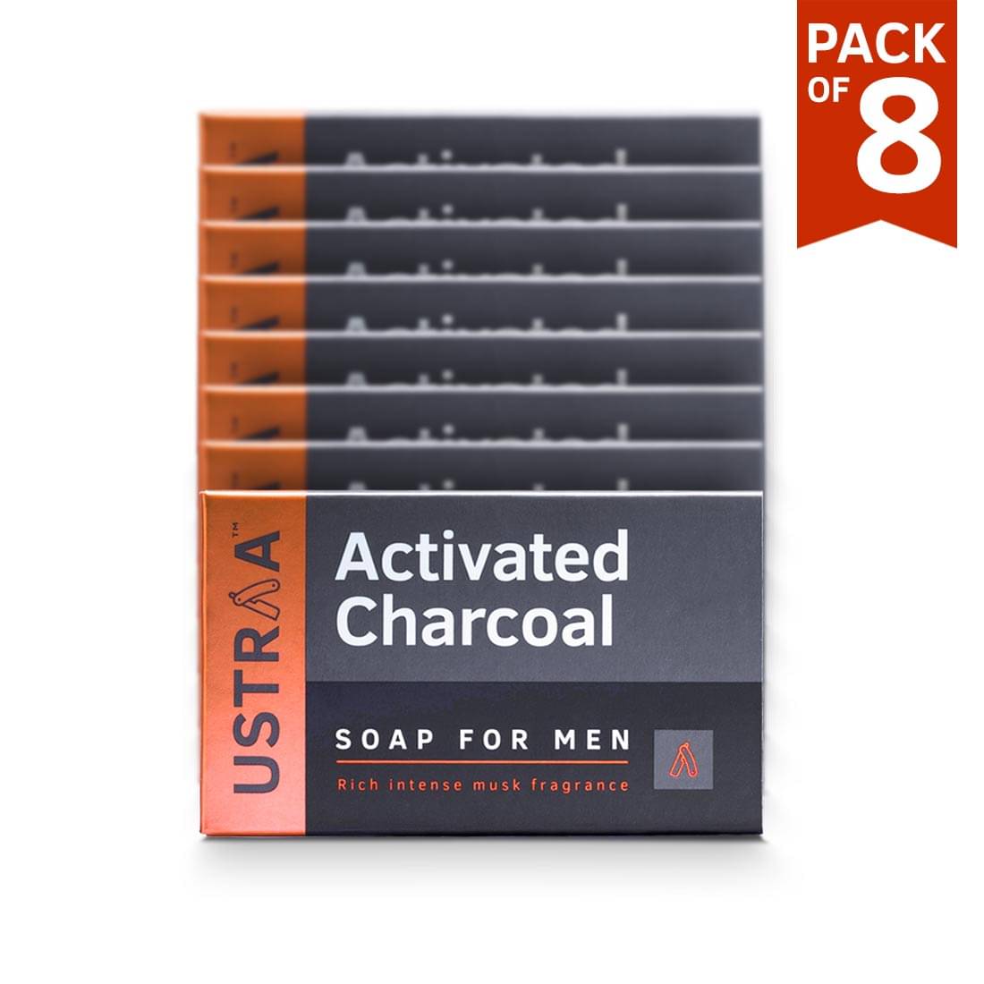     			Ustraa Deo Soap with Activated Charcoal For Men- 100 g (Pack of 8) - Activated Charcoal Soap with Deo Fragrance - Cleans toxins and bacteria - No Sulphate