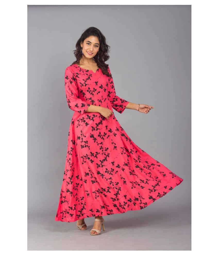 Frionkandy Women Rayon Printed Ethnic Dress ( Yellow )