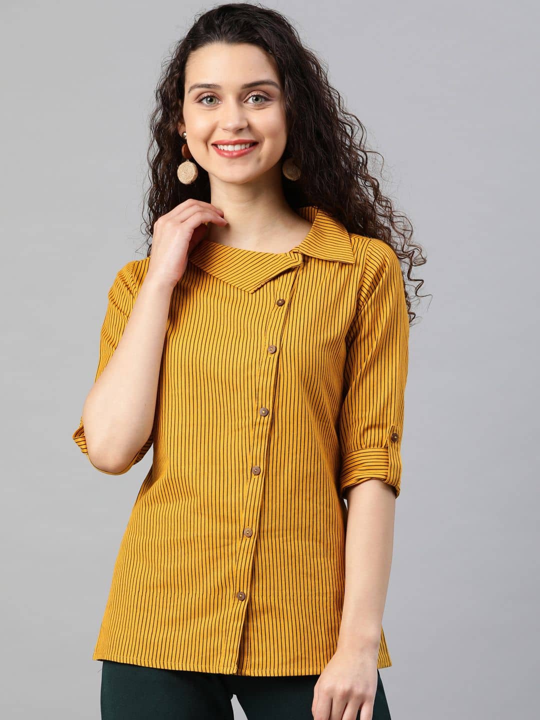 Yash Gallery Women Striped Cotton Shirt ( Yellow )