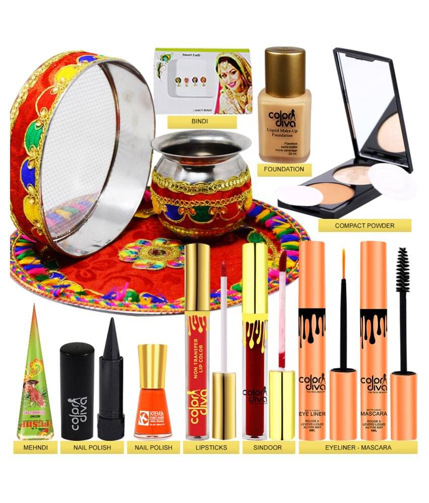     			Adbeni Karwa Chauth Special Pooja Thali Set With Makeup Combo, Pack of 13 Face 391