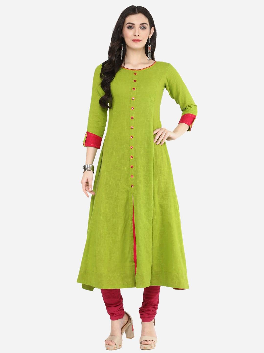     			Yash Gallery Pack of 1 Cotton Blend Embellished Front Slit Women's Kurti - ( Green )
