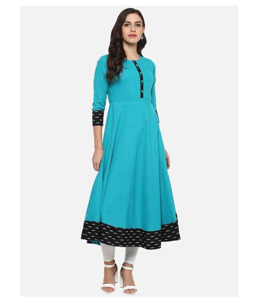 Yash Gallery Pack of 1 Cotton Solid Flared Women's Kurti - ( Turquoise )     			Yash Gallery Pack of 1 Cotton Solid Flared Women's Kurti - ( Turquoise )