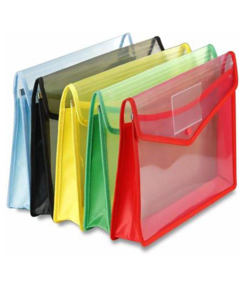     			Kataria A4 Transparent Poly-Plastic Envelope File Folder Storage Bag With Snap Button Set Of 5 (Set Of 5, Blue Black Yellow Green Red)