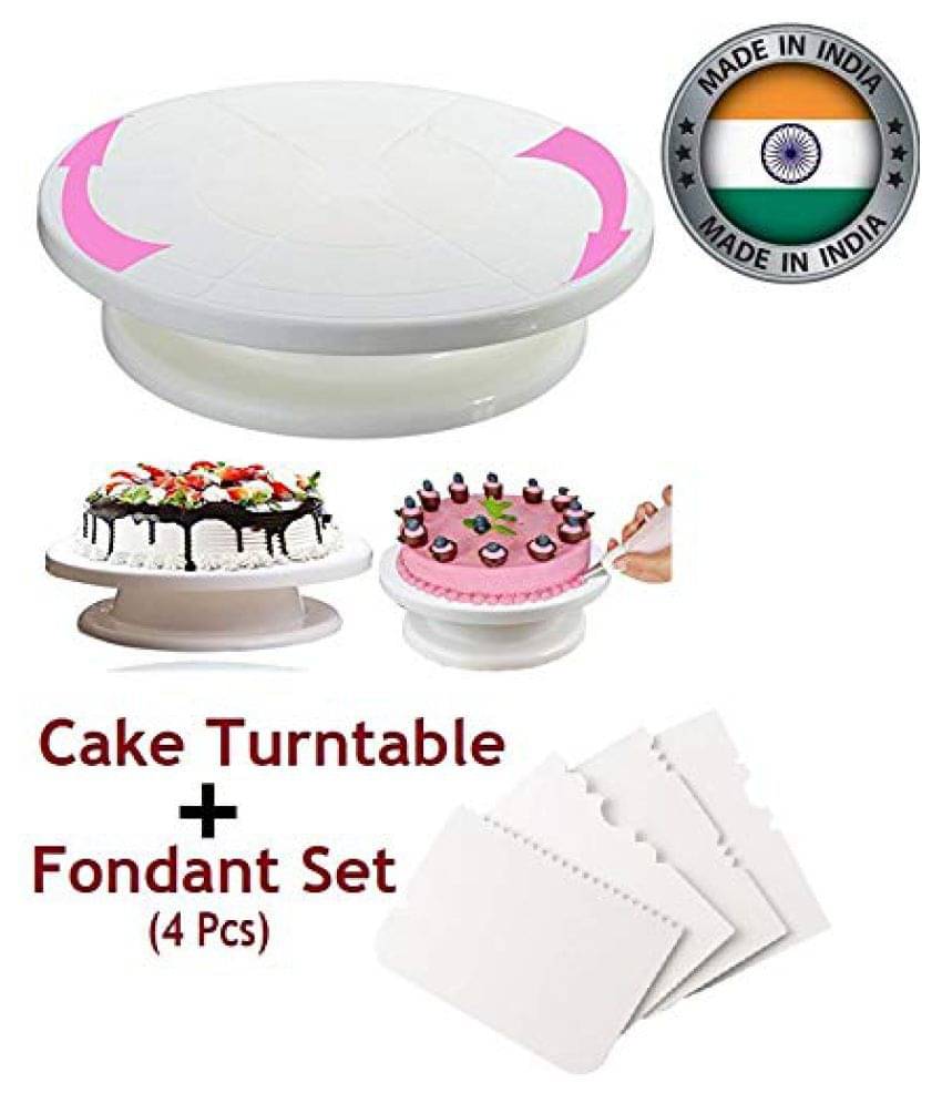     			SECOM Combo Set of Plastic Revolving Turn Table Cake Stand with 4 Cake Decorating Scrapper , White