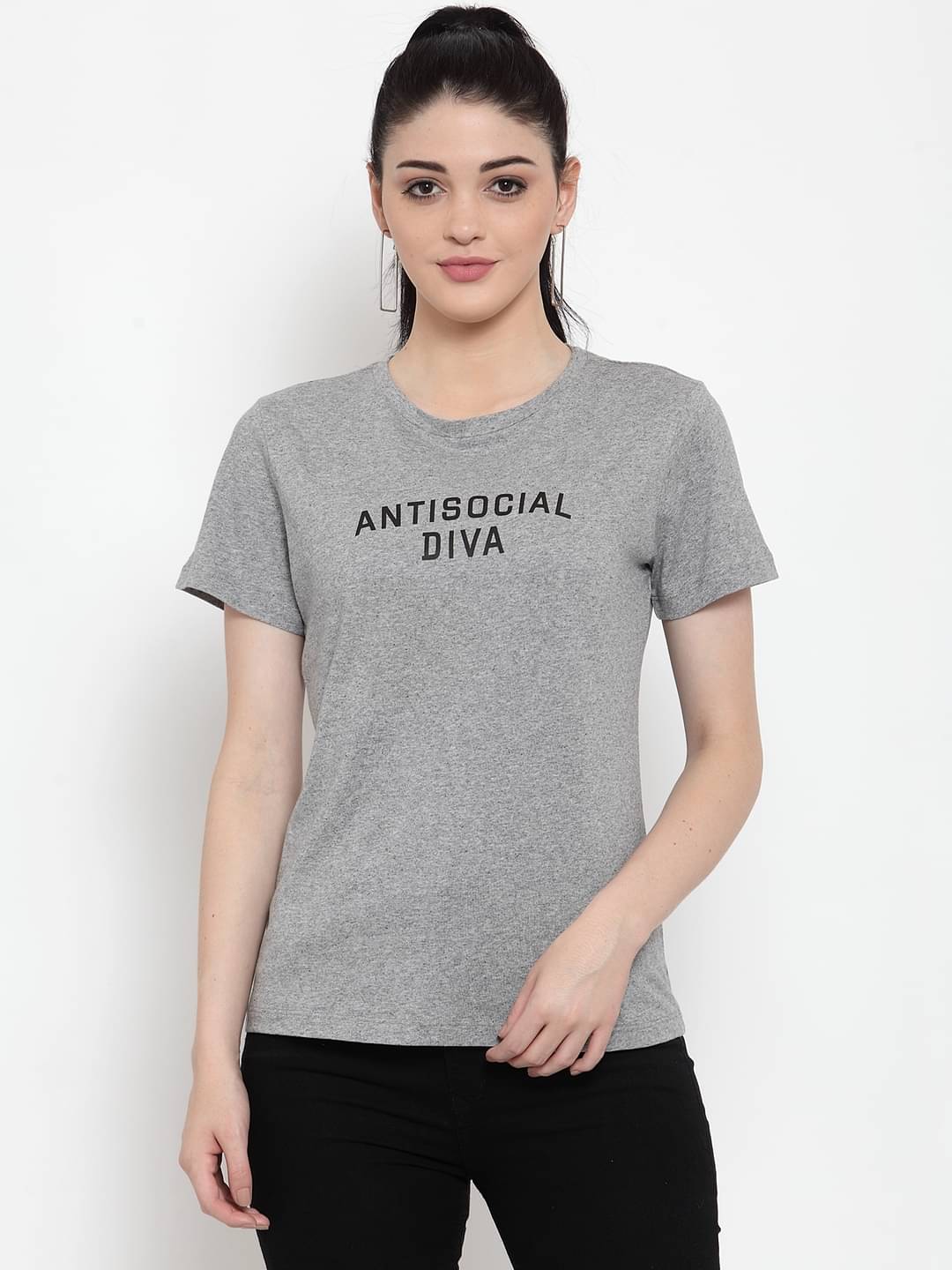 DOOR74 Women Cotton Regular Fit Round Neck T-Shirt ( Grey ) DOOR74 Women Cotton Regular Fit Round Neck T-Shirt ( Grey )