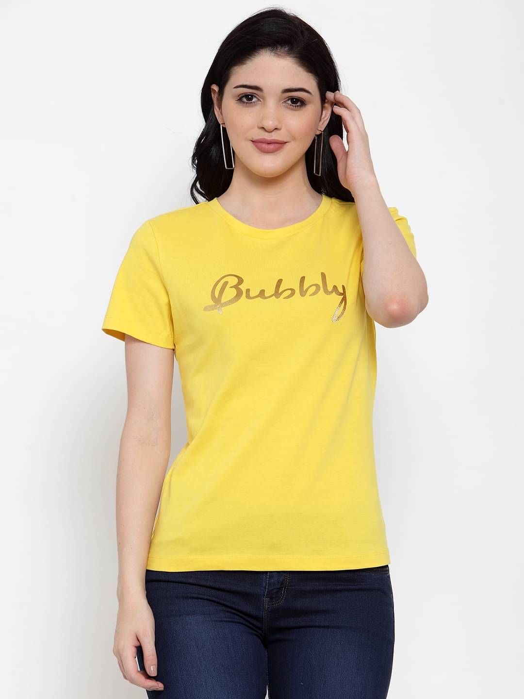 DOOR74 Women Cotton Regular Fit Round Neck T-Shirt ( Yellow ) DOOR74 Women Cotton Regular Fit Round Neck T-Shirt ( Yellow )
