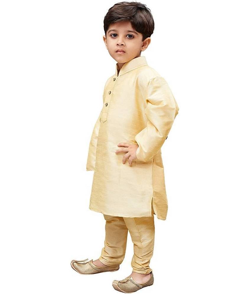 Fourfolds Boys Cotton Blend Solid - Pattern Kurta Pant Set ( Beige , Pack of 1 )