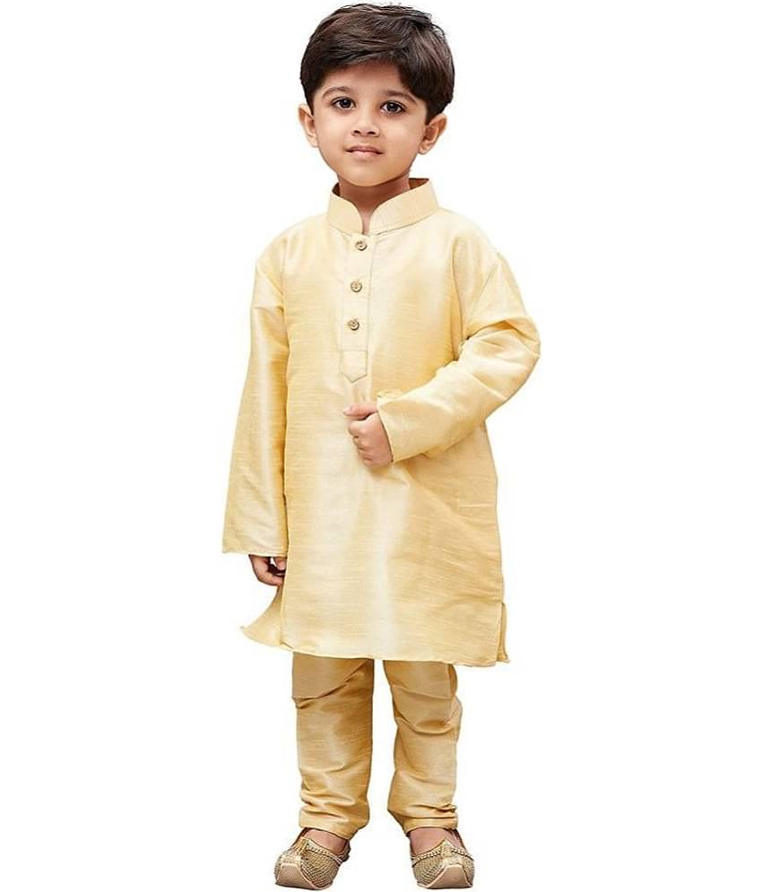 Fourfolds Boys Cotton Blend Solid - Pattern Kurta Pant Set ( Beige , Pack of 1 )