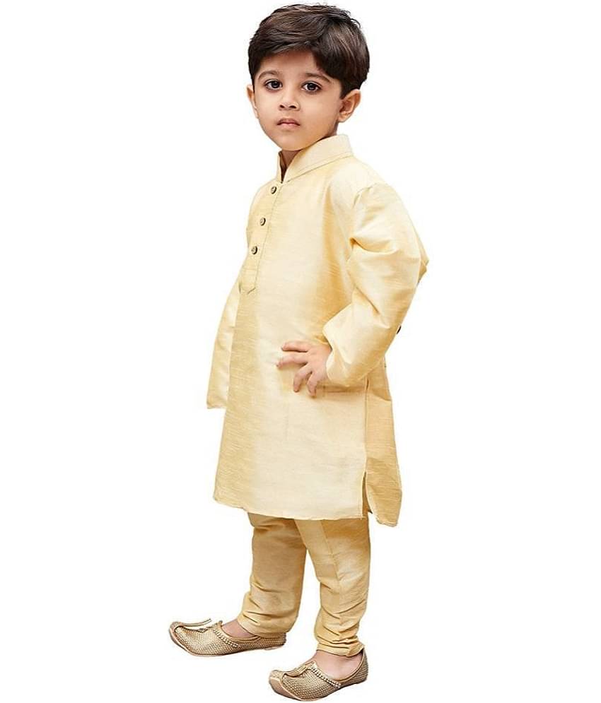Fourfolds Boys Cotton Blend Solid - Pattern Kurta Pant Set ( Beige , Pack of 1 )