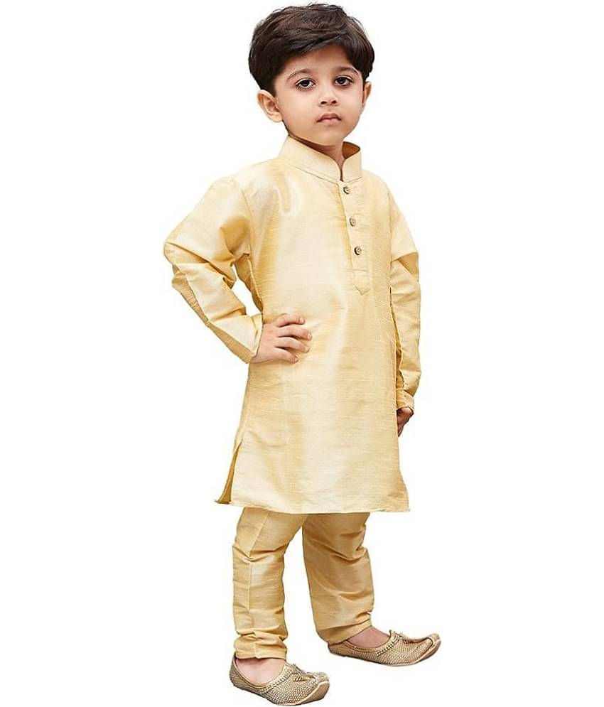 Fourfolds Boys Cotton Blend Solid - Pattern Kurta Pant Set ( Beige , Pack of 1 )