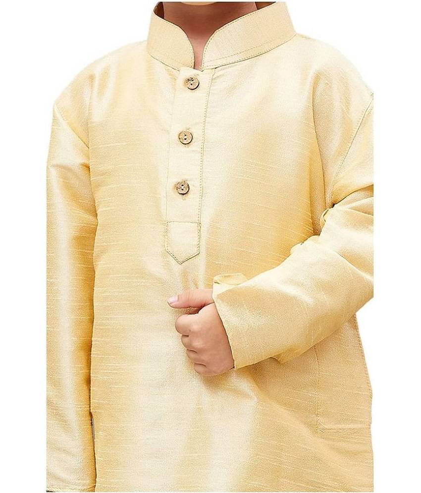 Fourfolds Boys Cotton Blend Solid - Pattern Kurta Pant Set ( Beige , Pack of 1 )