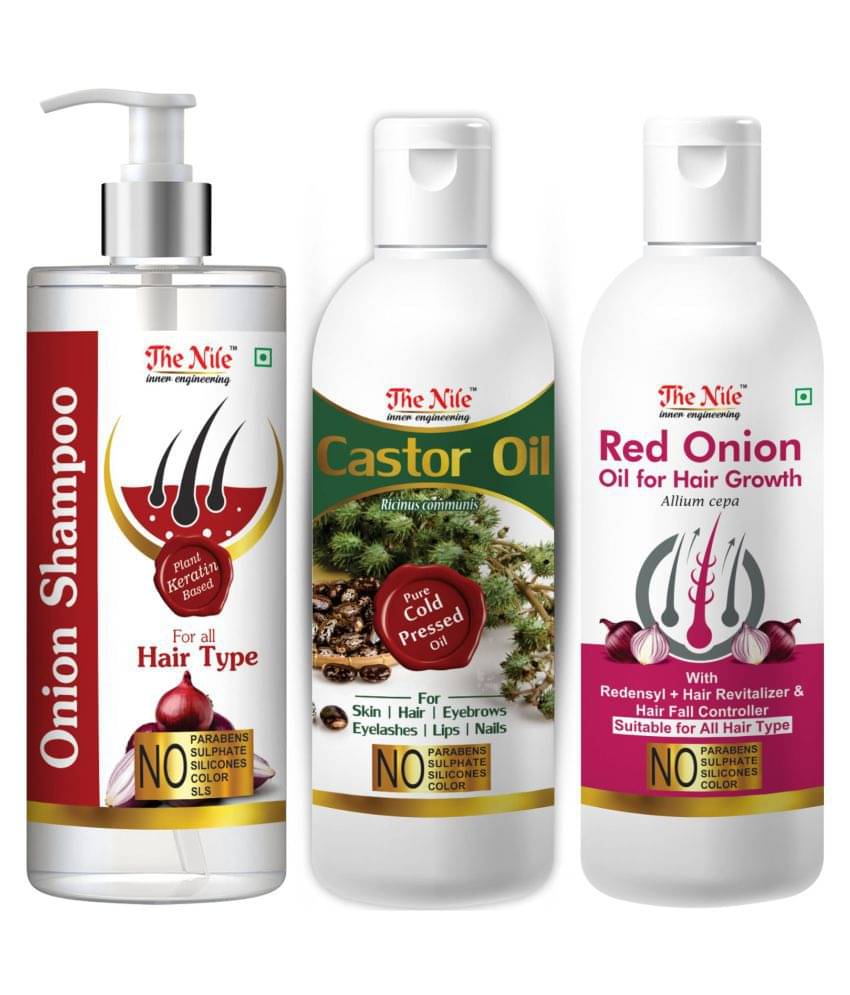 The Nile Red Onion Shampoo 200 ML + Castor Oil 100 ML + Red Onion Oil 100 ML Shampoo 400 mL Pack of 3 The Nile Red Onion Shampoo 200 ML + Castor Oil 100 ML + Red Onion Oil 100 ML Shampoo 400 mL Pack of 3