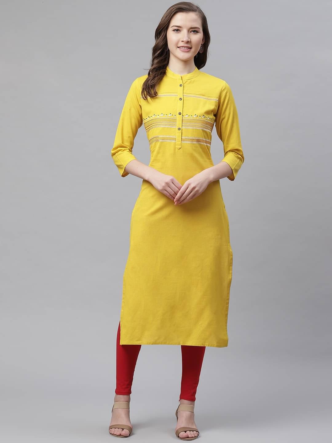     			Divena - Yellow Cotton Blend Women's Straight Kurti