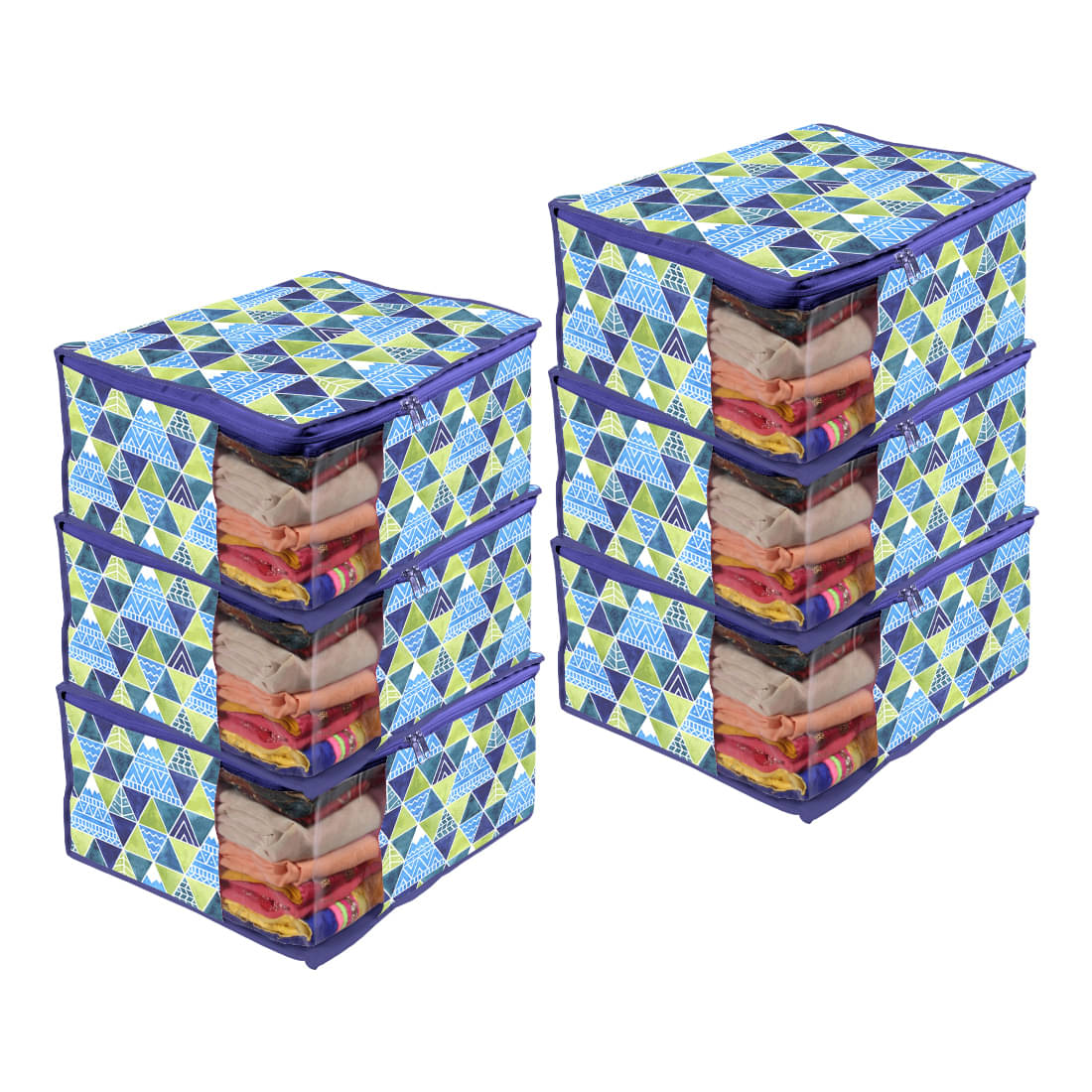     			Saree Cover Large with Creative Prints, Saree Storage Bag with Zip, Wardrobe Organiser Clothes Cover & Storage, Trio Blue, Set of 6 pcs