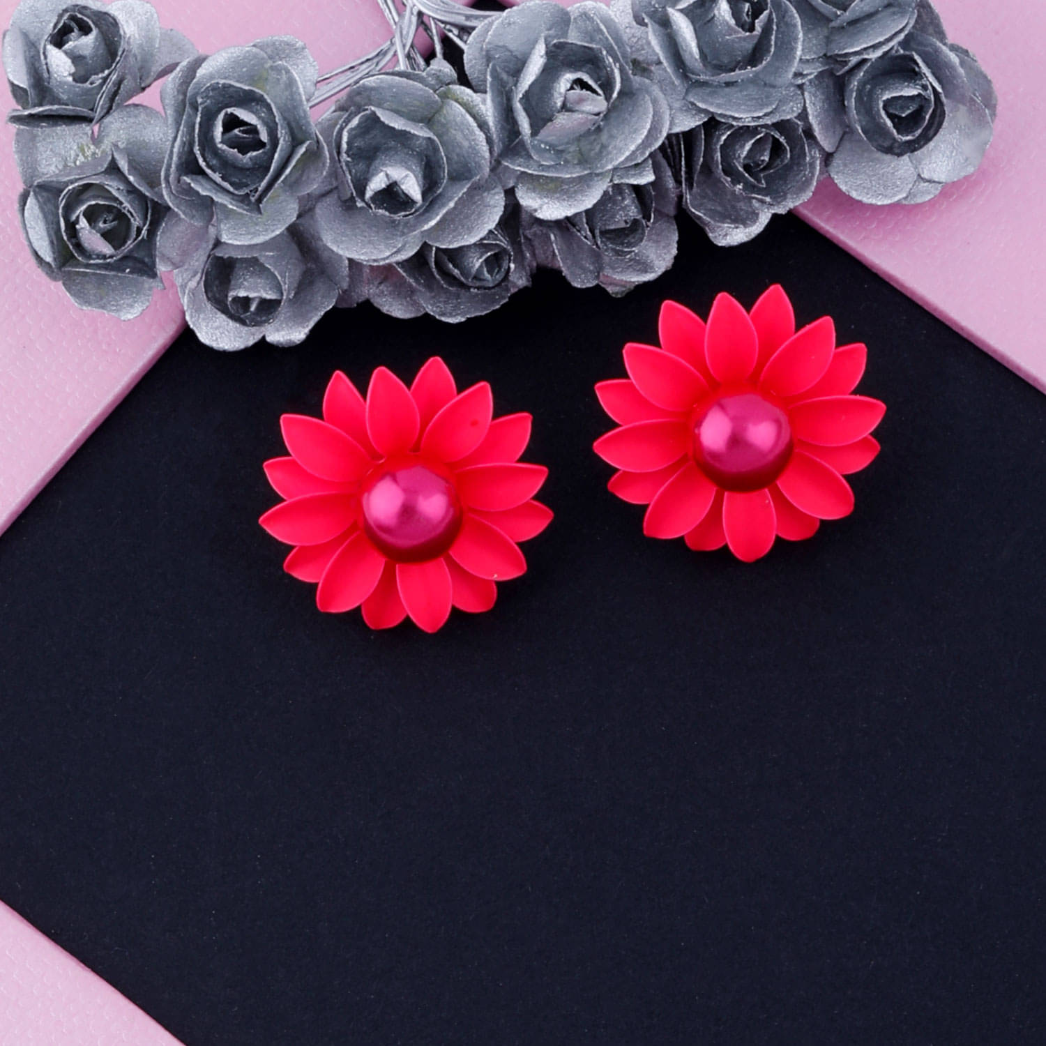     			Silver Shine Superb Pink Beautifully Created Floral Design Stud Earring For Girls And Women