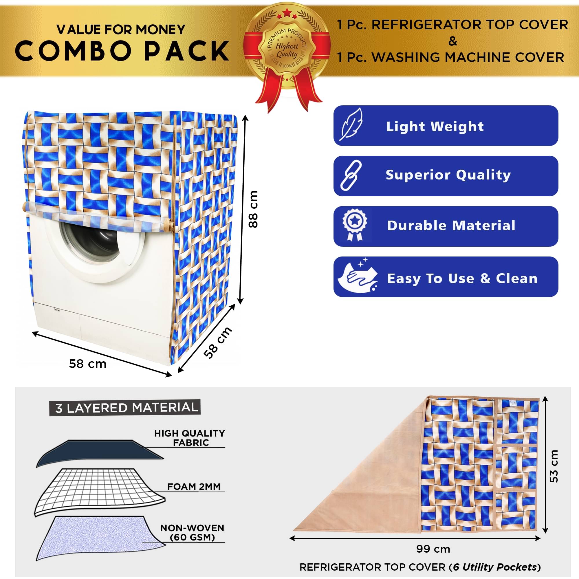     			E-Retailer Set of 2 Polyester Blue Washing Machine Cover for Universal Front Load