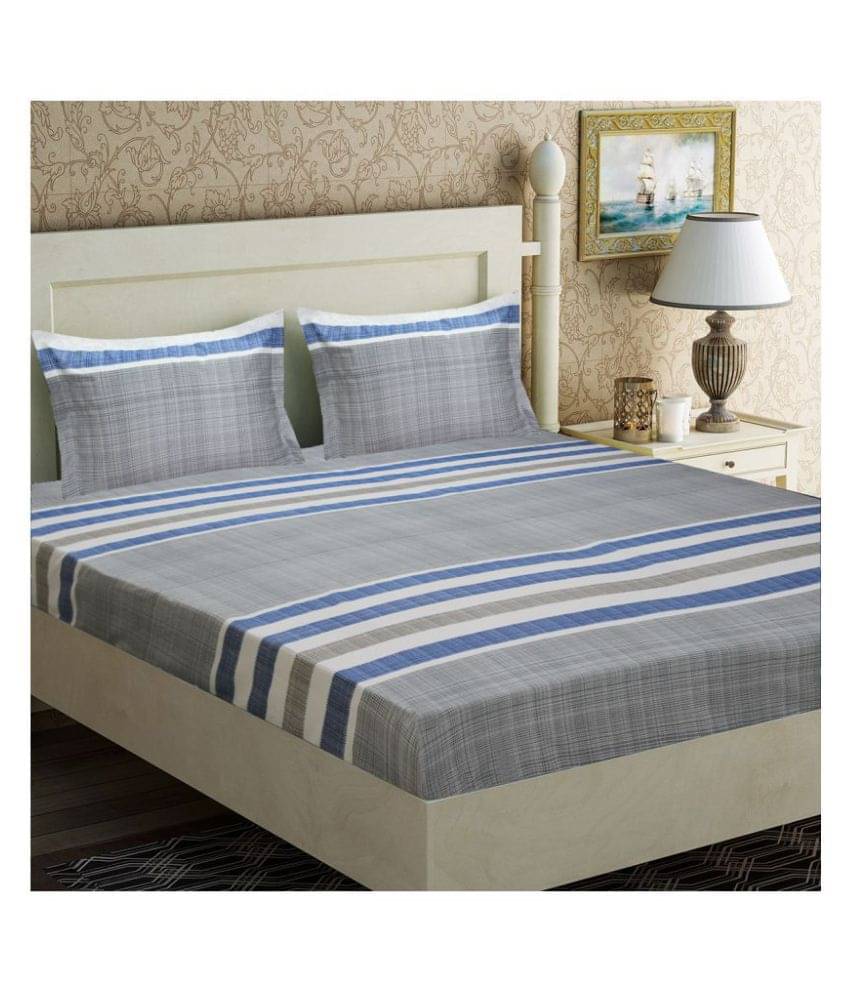     			Home Candy Microfiber Striped Double Bedsheet with 2 Pillow Covers- Grey