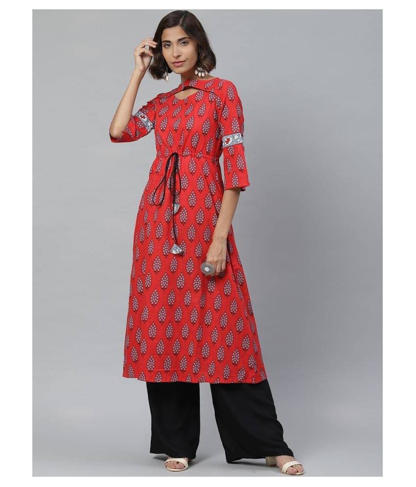 Yash Gallery Pack of 1 Cotton Printed Flared Women's Kurti - ( Red ) Yash Gallery Pack of 1 Cotton Printed Flared Women's Kurti - ( Red )