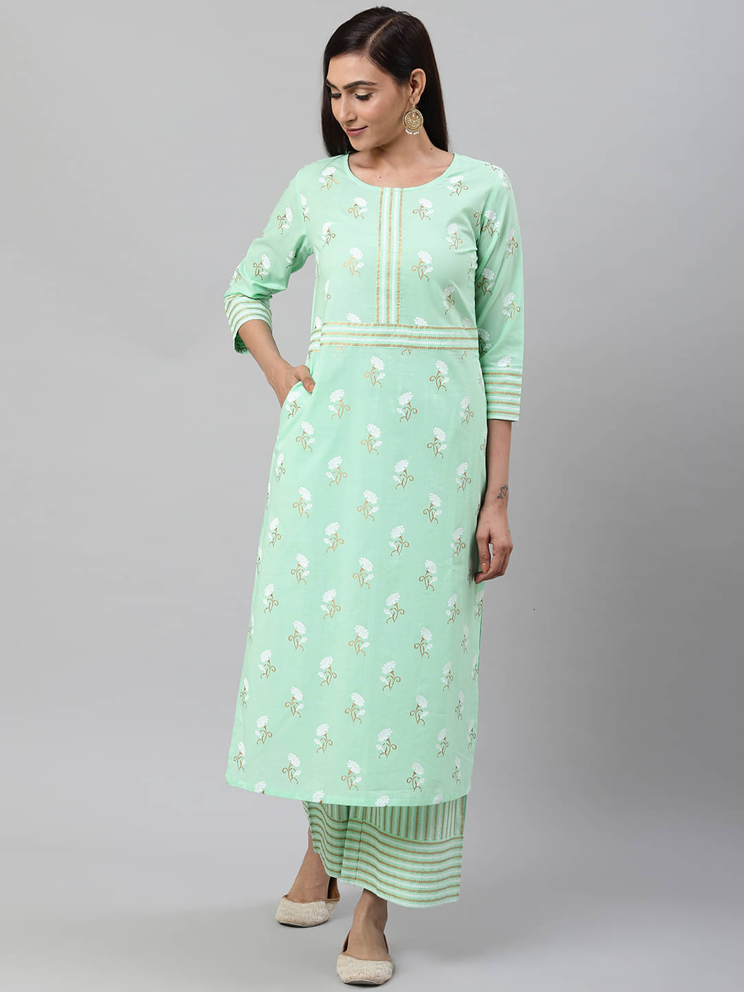 Yash Gallery Cotton Printed Kurti With Palazzo Women's Stitched Salwar Suit - Green ( Pack of 1 ) Yash Gallery Cotton Printed Kurti With Palazzo Women's Stitched Salwar Suit - Green ( Pack of 1 )